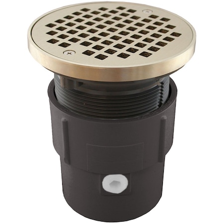 Jones Stephens 3inX4in PVC Pipe Fit Drain Base with 3-1/2in Plastic Spud and 5in Nickel Bronze Strainer with Ring D53432